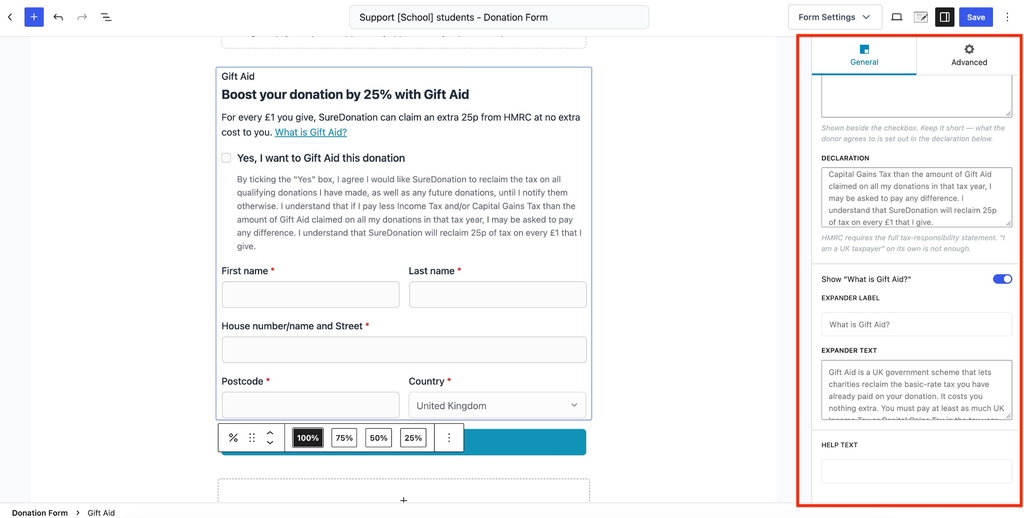 Gift Aid in SureDonation Gift Aid donation form settings