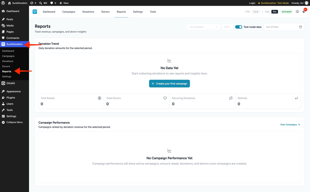 SureDonation reports dashboard