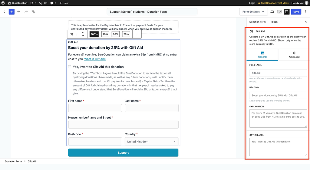 Gift Aid in SureDonation Gift Aid form settings on SureDonation