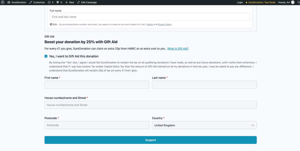 Gift Aid in SureDonation Donation form with Gift Aid option
