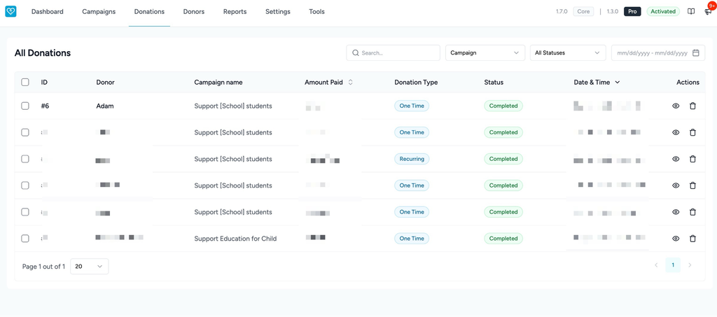Gift Aid in SureDonation Donations list with status