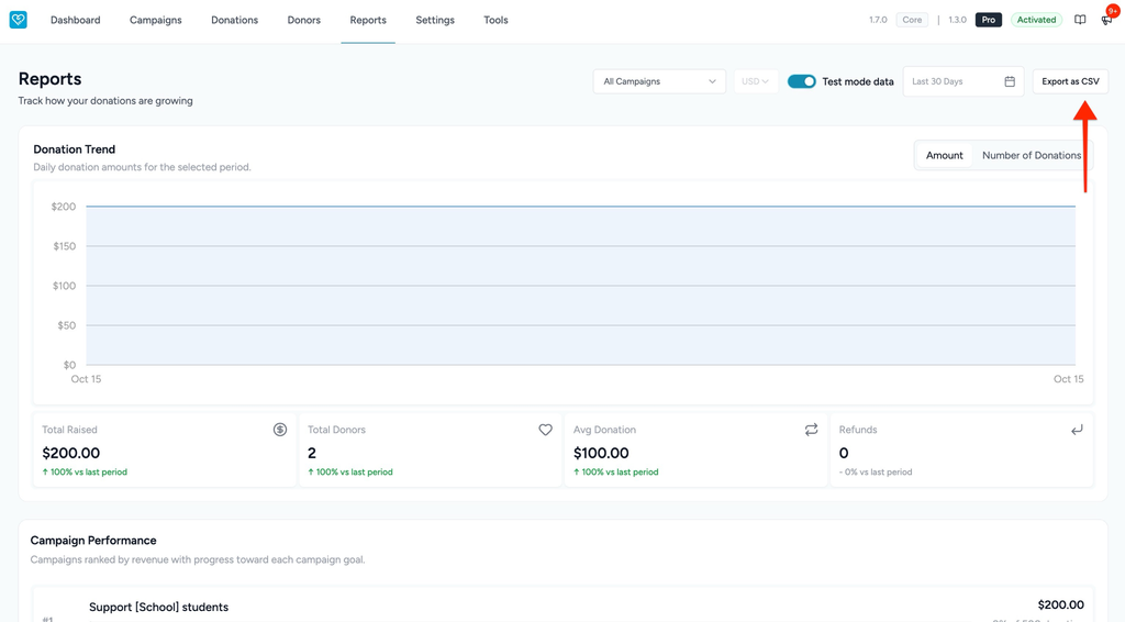 Export donation data as CSV
